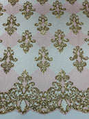 King Damask Lace Fabric - Gold / Pink - Corded Embroidery with Sequins on Mesh Lace Fabric By Yard
