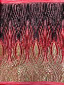 Three Tone Feather Fabric - Gold / Red / Black - 4 Way Stretch Embroidered Sequins By Yard