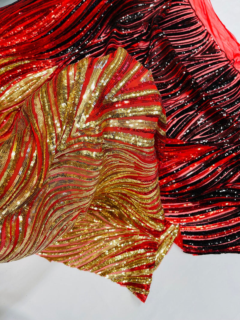 Three Tone Feather Fabric - Gold / Red / Black - 4 Way Stretch Embroidered Sequins By Yard
