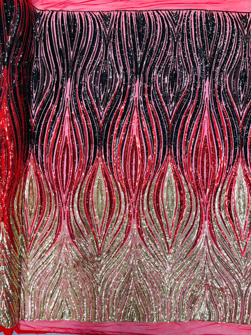Three Tone Feather Fabric - Gold / Red / Black - 4 Way Stretch Embroidered Sequins By Yard