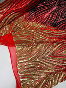 Three Tone Feather Fabric - Gold / Red / Black - 4 Way Stretch Embroidered Sequins By Yard