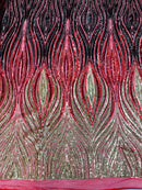 Three Tone Feather Fabric - Gold / Red / Black - 4 Way Stretch Embroidered Sequins By Yard
