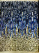 Three Tone Feather Fabric - Gold / Royal / Navy Blue - 4 Way Stretch Embroidered Sequins By Yard