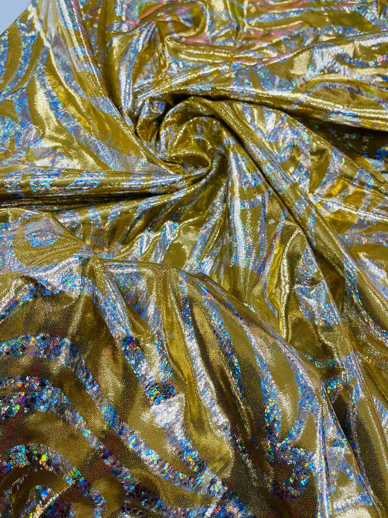 Tribal Swirl Design Spandex - Gold / Silver - 4 Way Stretch Milliskin Holographic Fabric by Yard