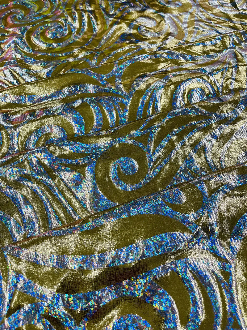 Tribal Swirl Design Spandex - Gold / Silver - 4 Way Stretch Milliskin Holographic Fabric by Yard