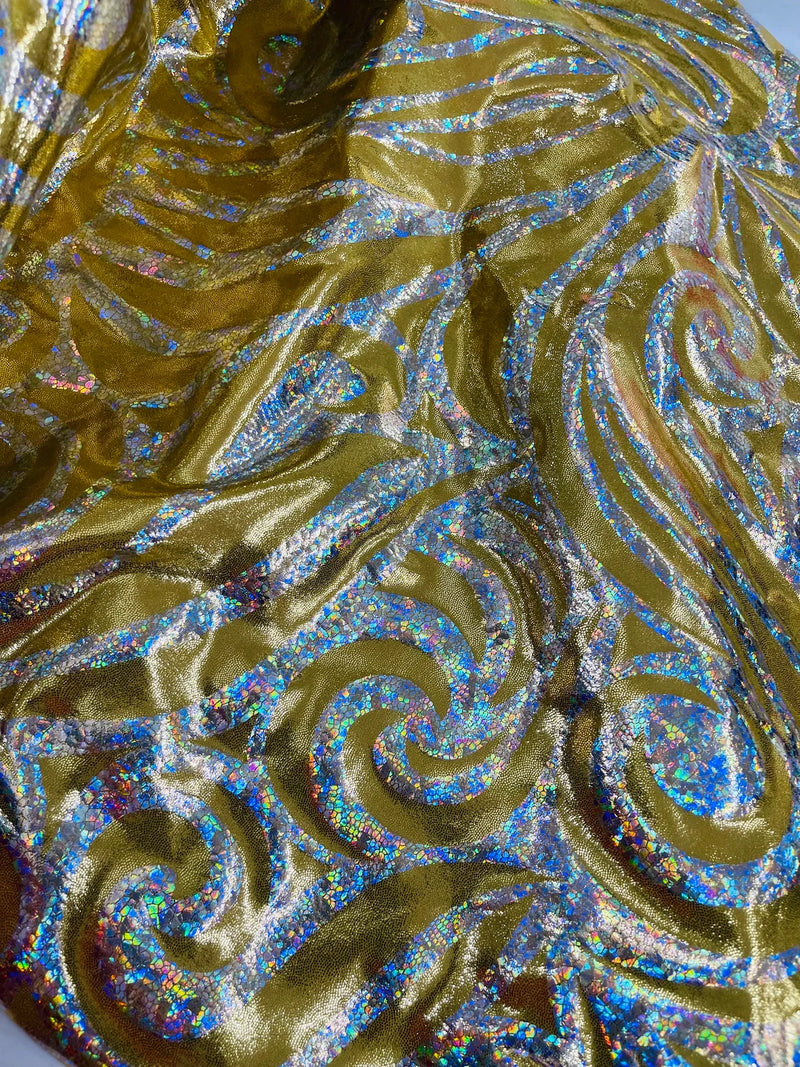 Tribal Swirl Design Spandex - Gold / Silver - 4 Way Stretch Milliskin Holographic Fabric by Yard