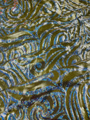 Tribal Swirl Design Spandex - Gold / Silver - 4 Way Stretch Milliskin Holographic Fabric by Yard