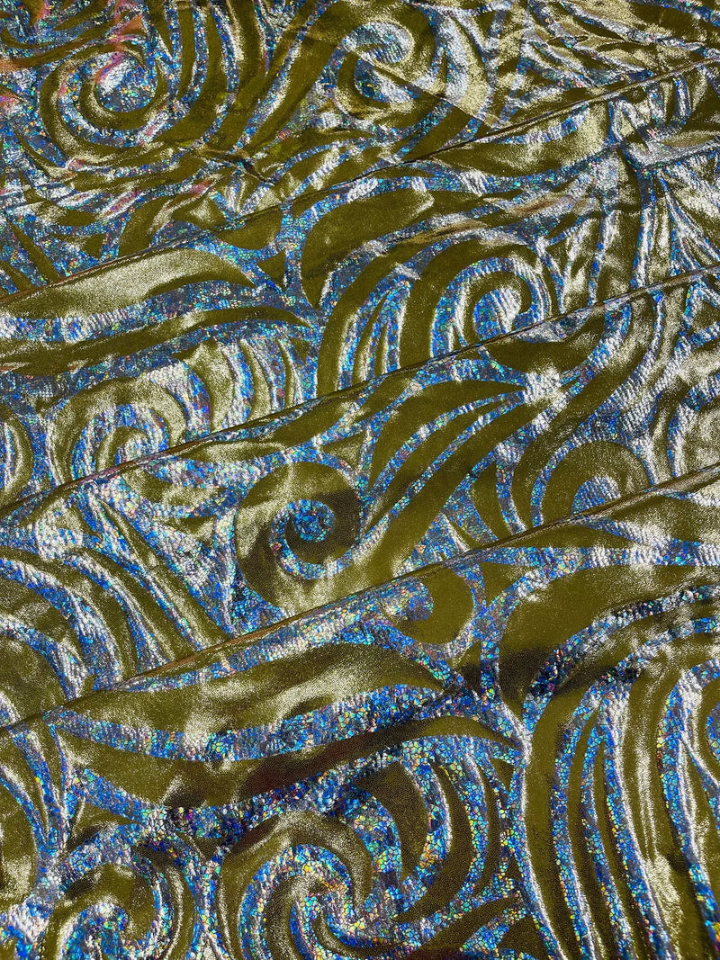 Tribal Swirl Design Spandex - Gold / Silver - 4 Way Stretch Milliskin Holographic Fabric by Yard