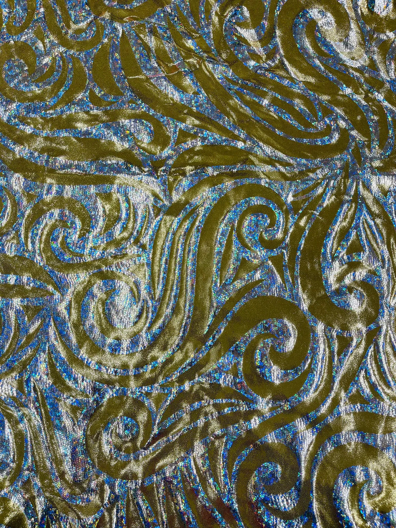 Tribal Swirl Design Spandex - Gold / Silver - 4 Way Stretch Milliskin Holographic Fabric by Yard