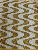 Wavy Line Design Velvet Sequins - Gold / White - Velvet Sequins Fabric 2 Way Stretch 58"- 60" By Yard
