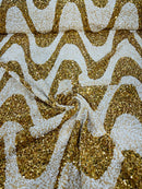 Wavy Line Design Velvet Sequins - Gold / White - Velvet Sequins Fabric 2 Way Stretch 58"- 60" By Yard