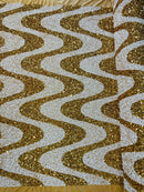 Wavy Line Design Velvet Sequins - Gold / White - Velvet Sequins Fabric 2 Way Stretch 58"- 60" By Yard