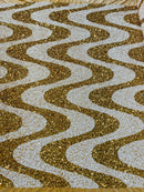 Wavy Line Design Velvet Sequins - Gold / White - Velvet Sequins Fabric 2 Way Stretch 58"- 60" By Yard