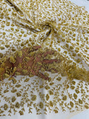 Small Glitter Flower Fabric - Gold - Shimmer Glitter Flower Design on Mesh Lace By The Yard