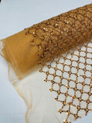 Diamond Net Bead Fabric - Gold - Geometric Embroidery Beaded Sequins Fabric Sold By The Yard