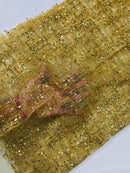 Glitter Line Mesh Sequins Fabric - Gold - Shiny Sequins and Glitter on Mesh Fabric by Yard