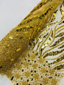 Plant Design Bead Fabric - Gold - Geometric Mirror Bead Handmade Design with Rhinestones By Yard
