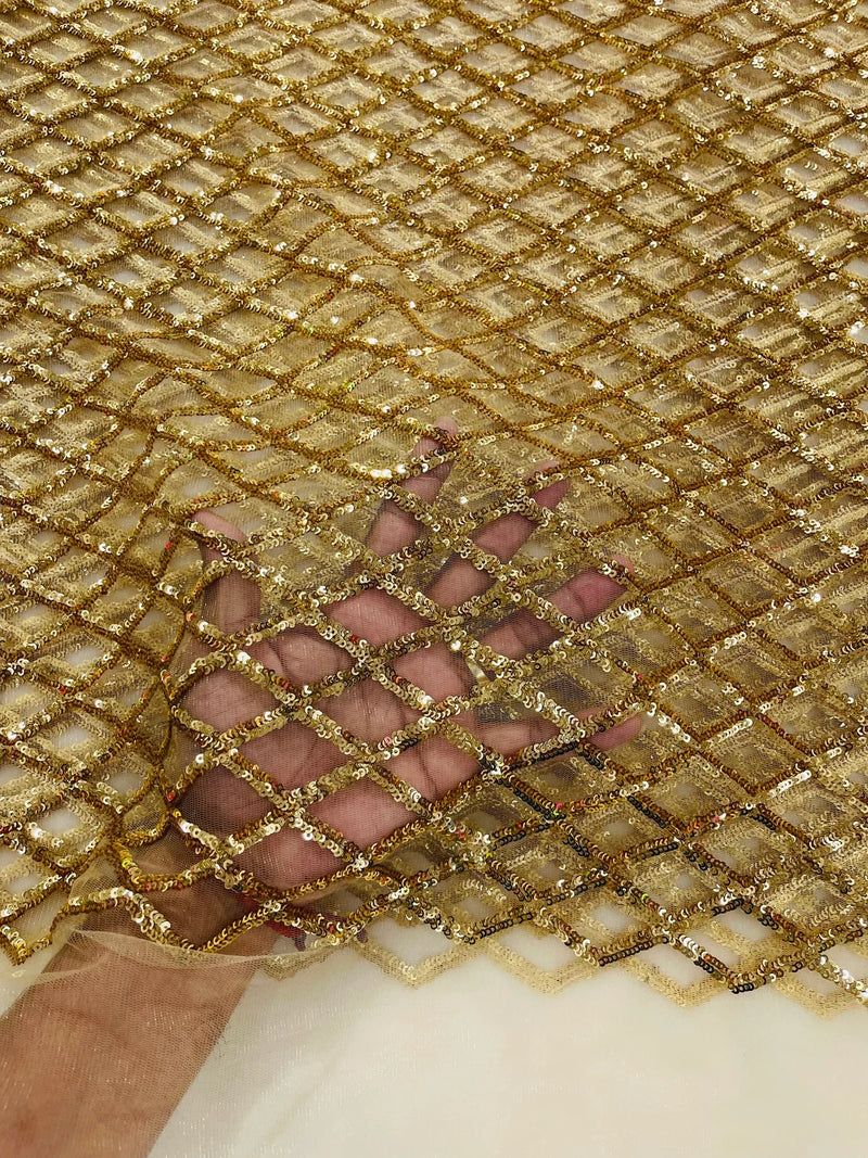 Diamond Net Sequins Fabric - Gold - Geometric Diamond Net Design on Mesh Lace Fabric By Yard