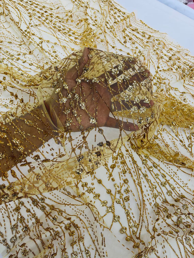 Tulle Glitter Galaxy Design Fabric - Gold - Tulle Fabric with Sparkle Glitter Design Sold By Yard