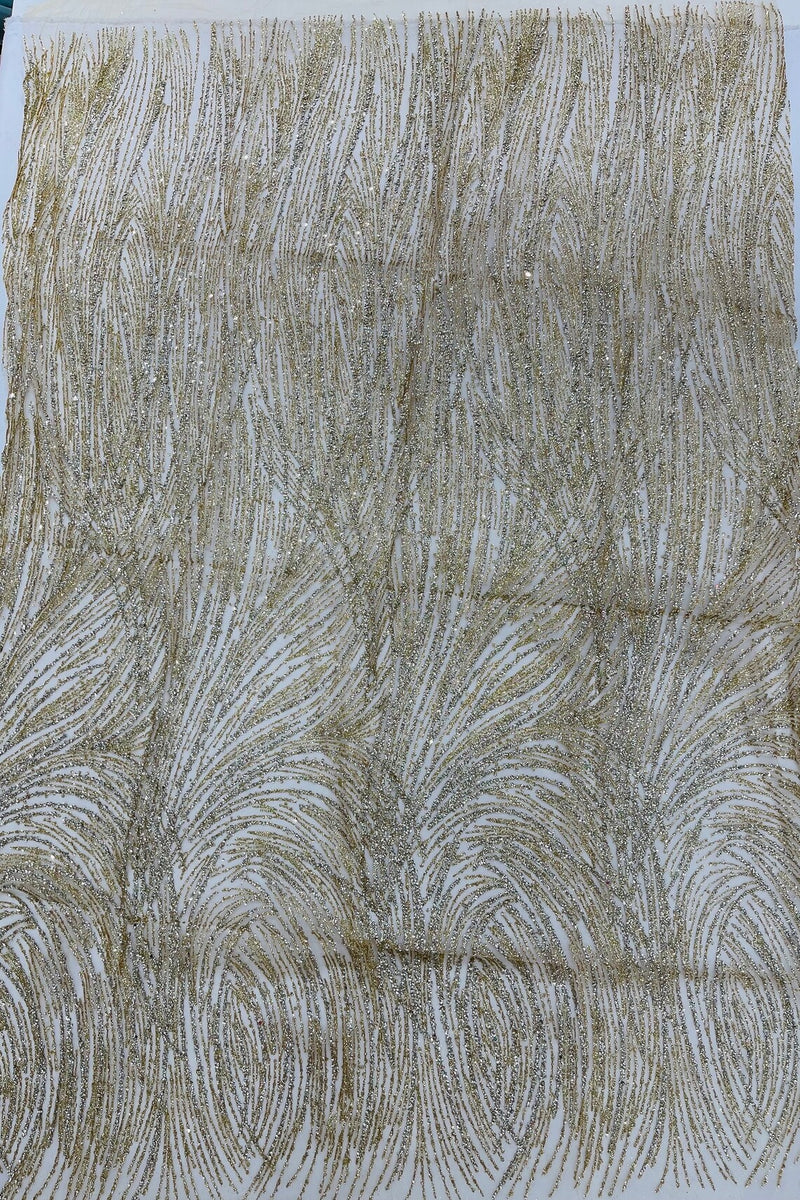 Glitter Lines on Tulle Lace Fabric - Gold - Tulle Glitter Mesh Line Design Fabric Sold By Yard