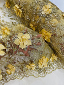 Big Flower 3D Glitter Fabric - Gold - Embroidered Floral Sequins Design Fabric by Yard