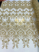 Damask Beaded Glam Fabric - Gold - Embroidery Beaded Fabric with Round Beads Sold By The Yard