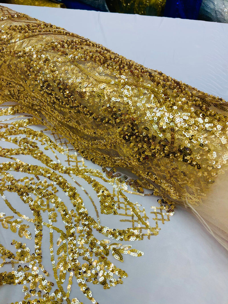 Wavy Floral Beaded Fabric - Gold - Geometric Beaded Sequins Embroidered Fabric Sold By Yard