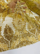 Beaded Floral Fabric - Gold - Luxury Bridal Floral Pattern Fabric With Beads, Sequins Sold By Yard