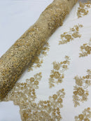 Floral Cluster Beaded Fabric - Gold - Embroidered Flower Beaded Fabric Sold By Yard