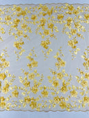 Floral 3D Pearl Fabric - Gold - Embroidered Double Border Flower Design Pearl Fabric By Yard