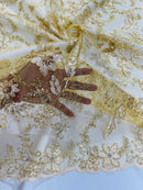 Flower Metallic Lace Fabric - Gold - Corded Floral Sequins Design Fabric Embroidered on Lace by Yard