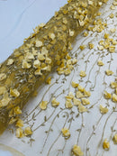 3D Floral Glitter Fabric - Gold - 3D Sequins and Glitter Floral Design on Mesh Sold By Yard