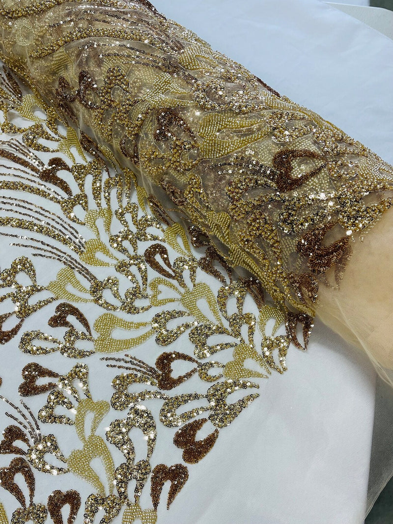 Wavy Lines Leaf Bead Fabric - Gold - Embroidered Leaf Beaded Mesh By Yard