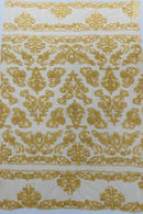My Lady Beaded Fabric - Gold - Damask Beaded Sequins Embroidered Fabric By Yard