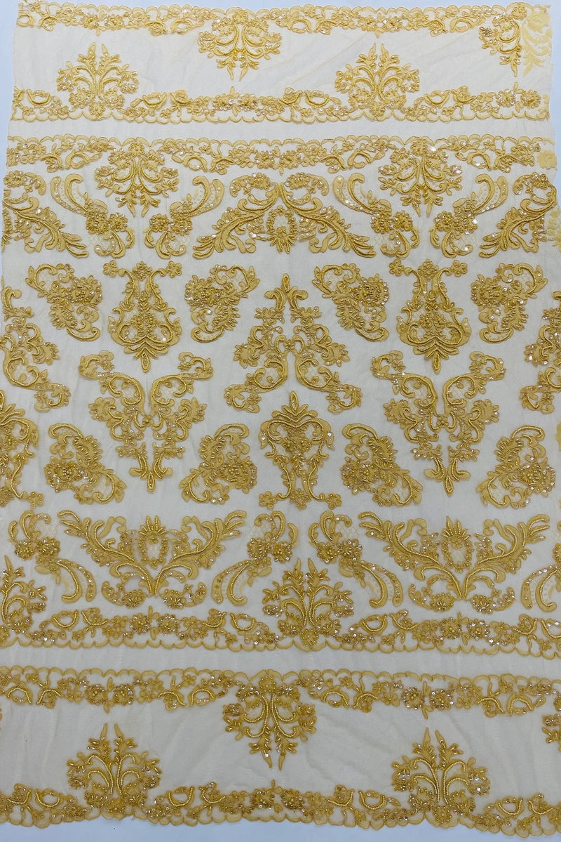 My Lady Beaded Fabric - Gold - Damask Beaded Sequins Embroidered Fabric By Yard