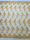 Plant Design Lace Fabric - Gold - Small Plant Flower Leaf Design Lace Fabric Sold By Yard