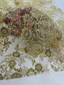 3D Chunky Glitter Rose Fabric - Gold -  Flower Glitter Design on Tulle Fabric Sold by Yard