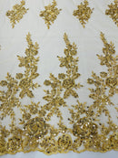 Rose Beaded Sequin Fabric - Gold - Embroidered Floral Pattern with Beads and Sequins By Yard