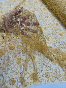 Embroidery Beaded Fabric - Gold - Beaded Floral Bridal Embroidery Fabric Sold by the yard