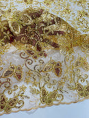 Butterflies Swirl Design - Gold -  Metallic Sequins Butterflies on Lace Fabric By Yard