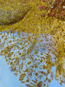 Floral Plant Bead Design - Gold - Beaded Flower Plants Embroidered  Sequins Fabric By Yard