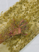 Leaf Plant Glitter Fabric - Gold - Luxury Tall Leaf Plant Shiny Glitter Mesh Design Fabric by Yard