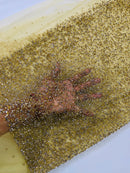 Rhinestone Glitter Mesh Fabric -  Gold - Shiny Glitter Mesh Rhinestone Detail Fabric by Yard
