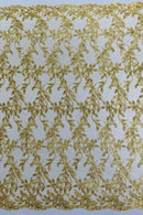Gold Metallic Thread Leaf Design Embroidered With Sequins on a Mesh Lace Fabric by the Yard