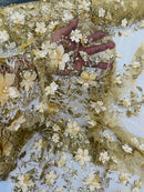 3D Glitter Floral Fabric - Gold - Glitter Sequin Flower Design on Lace Mesh Fabric by Yard