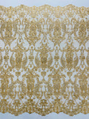 Rhinestone Design Fabric - Gold - Beaded Damask Design Embroidery Corded Lace  by Yard