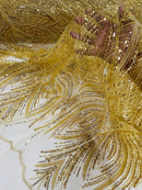Beaded Line Fabric - Gold - Luxury Bridal Line Pattern Fabric With Beads, Sequins Sold By Yard