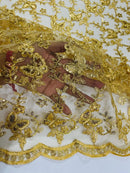 Metallic Floral Butterfly Fabric - Gold - Embroidered Floral Butterfly Design Mesh Fabric by Yard