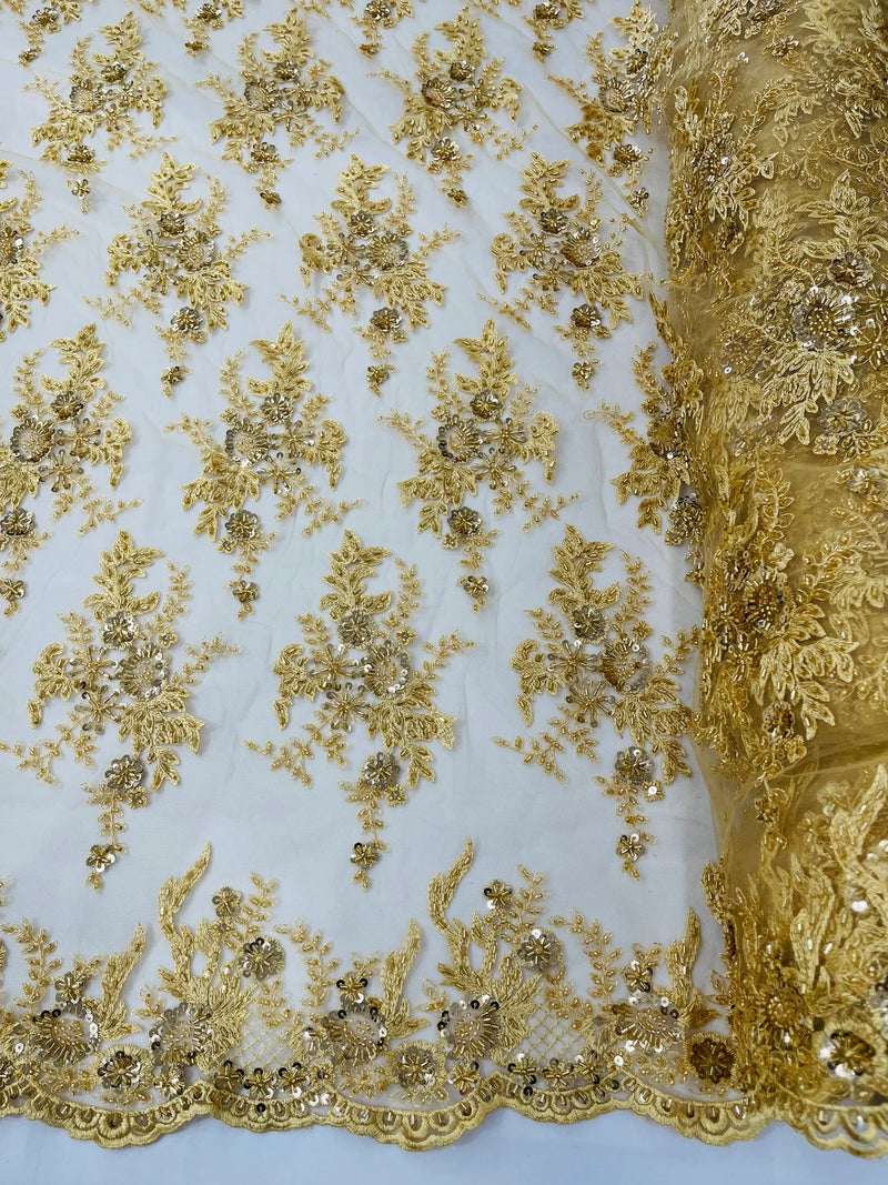 Beaded Sequins Floral Fabric - Gold - Embroidered Beaded Floral Clusters Sequins Fabric By Yard