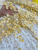 3D Glitter Floral Fabric - Gold - Floral Line Glitter Designs on Mesh Fabric Sold By Yard